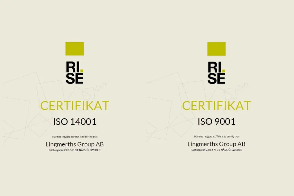 ISO certifikat för Lingmerths Group AB enligt ISO 14001 för miljöledning och ISO 9001 för kvalitetsledning.
