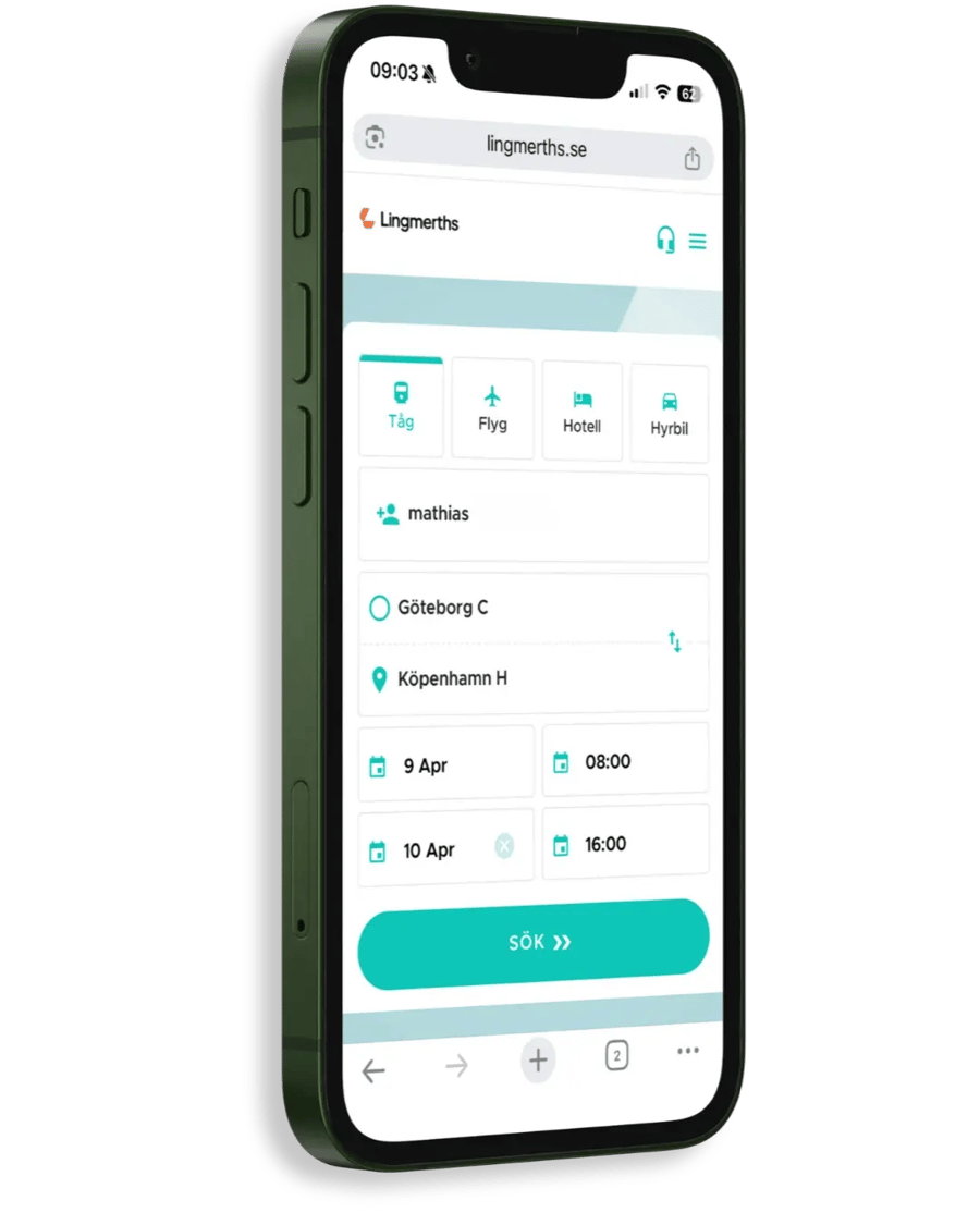 Mobilvy av Lingmerths självbokningssystem där användaren kan söka och boka tåg, flyg, hotell eller hybridresa med vald sträcka, datum och tider.