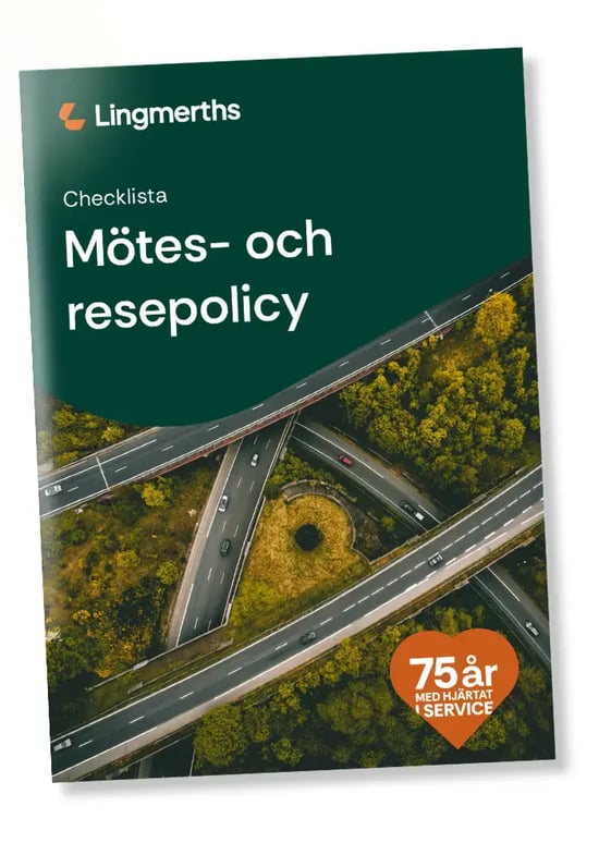 Omslag till Lingmerths checklista för mötes- och resepolicy med flygfoto över vägkorsning.