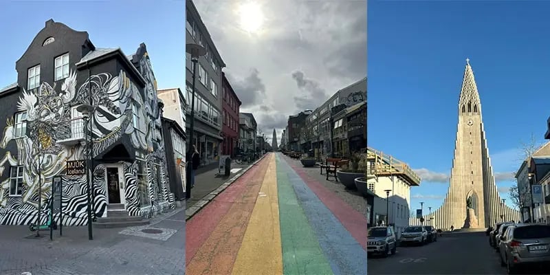 Tre vyer från Reykjavik med stadsmiljö, regnbågsgata och Hallgrímskirkja